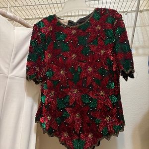 Hand beaded poinsettia top